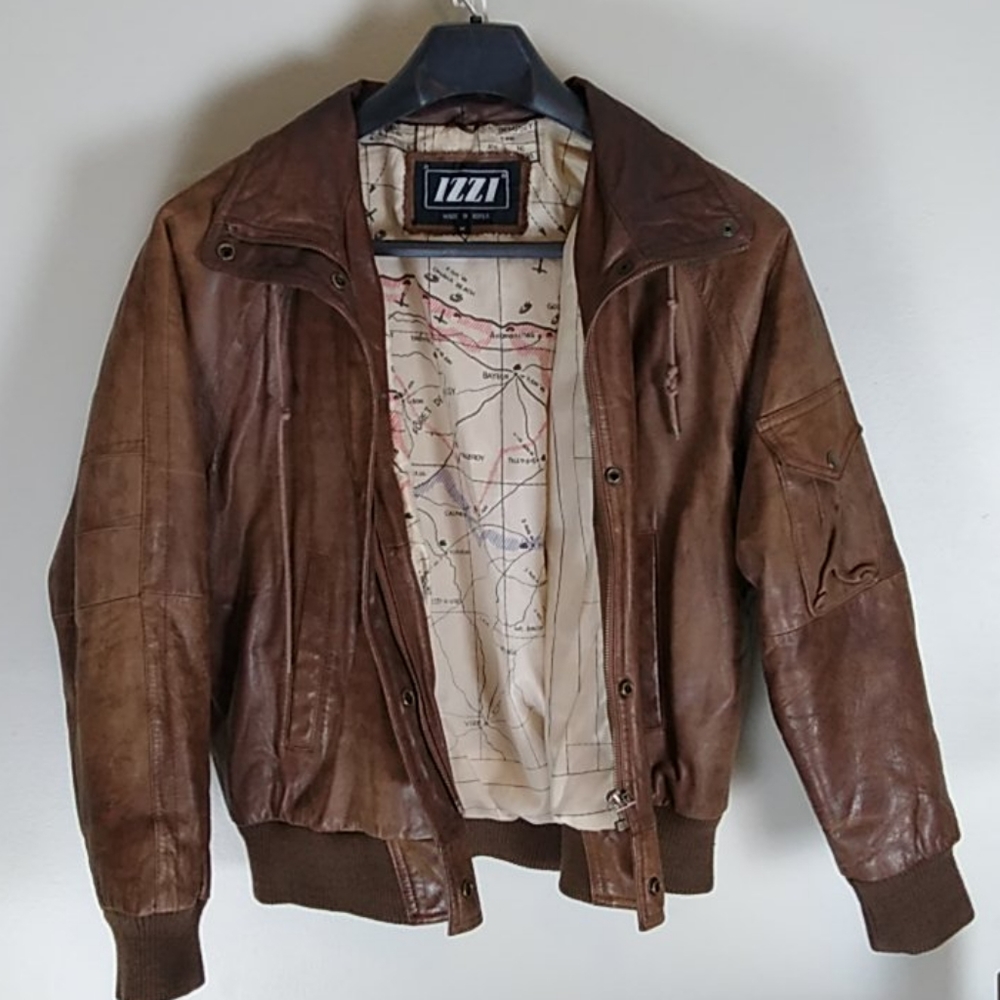 IZZY Brown Leather Bomber Jacket - Genuine - Med